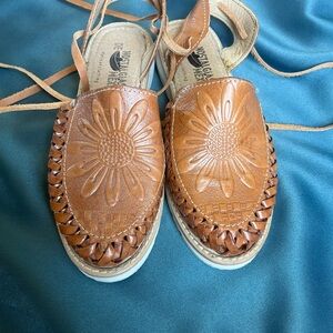 Brown Leather Huarache Sandals with Sunflower Cutwork
